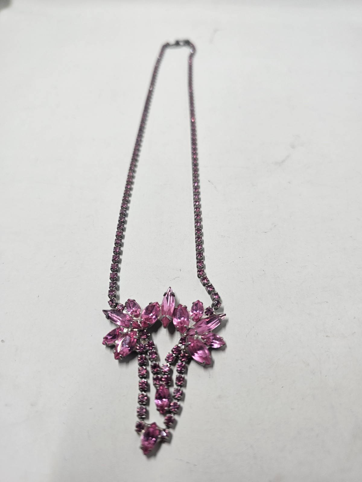 Vintage Pink Purple Rhinestone Statement Necklace Floral Starburst Gunmetal