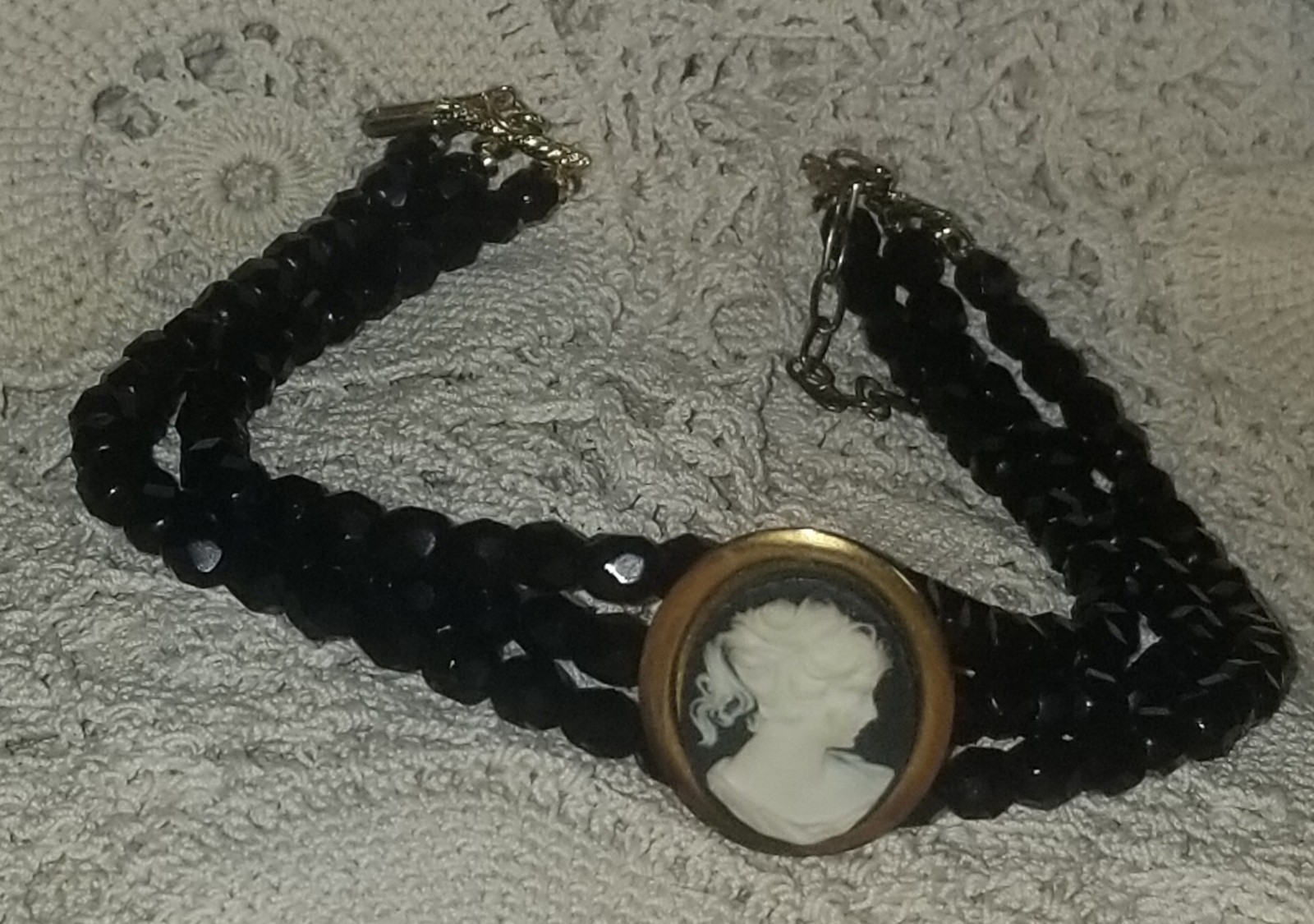 Cameo Necklace, Antique Jet Black Glass,3 Strand Choker, 16 1/2 inch, Gold Tone