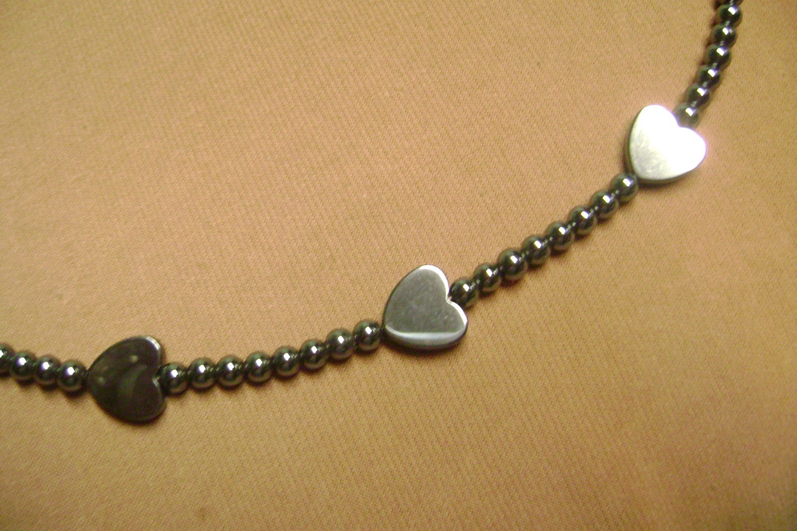 VINTAGE HEMATITE GREY HEART, ROUND BEADED 20″ LENTH NECKLACE- FILIGREE CLASP