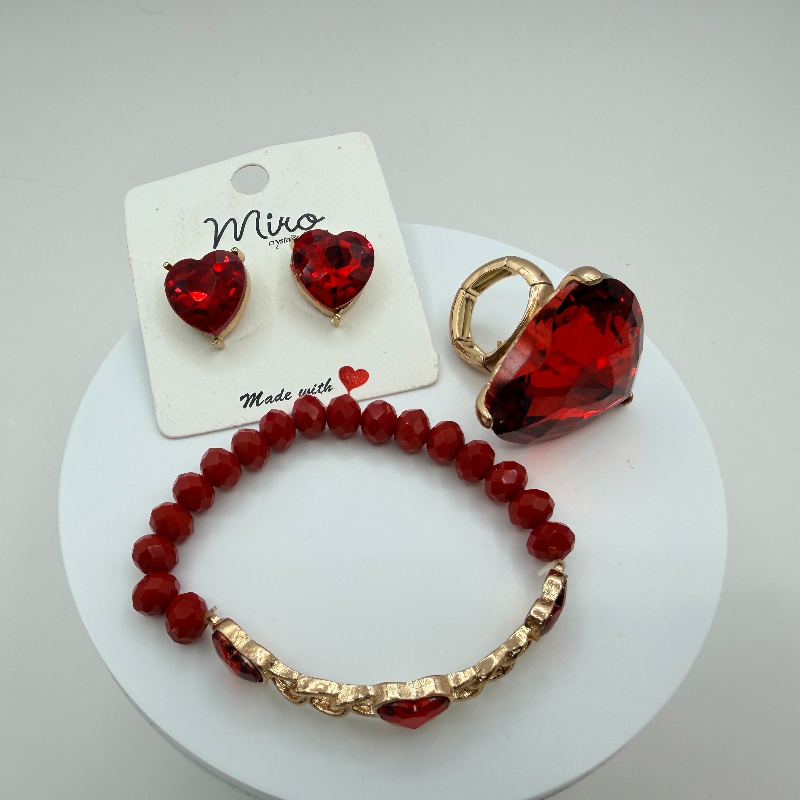 Vintage Gold Tone Red Crystal Heart Jewelry Set Ring Bracelet Post Stud Earrings