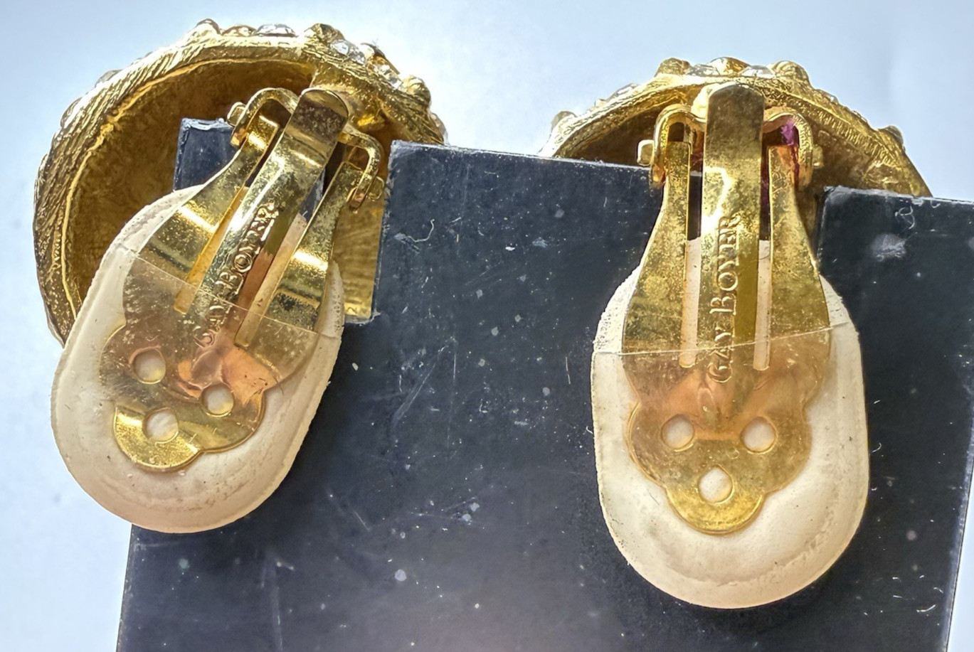 Gay Boyer Signed Vintage Gold tone Rhinestone Clip on Statement earrings