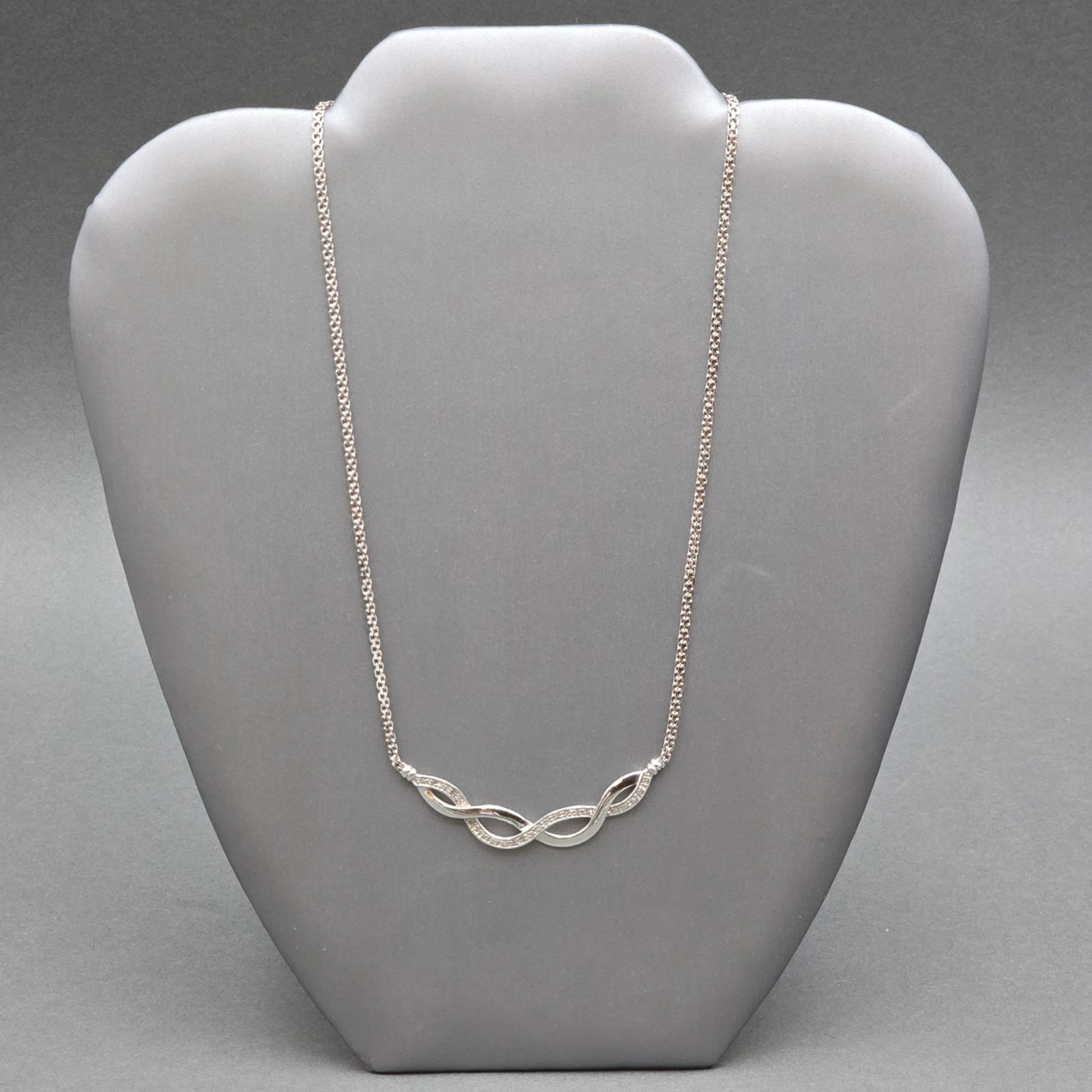 Vintage CW Sterling Silver CZ Infinity Wave Bar Choker Necklace 15″ Designer
