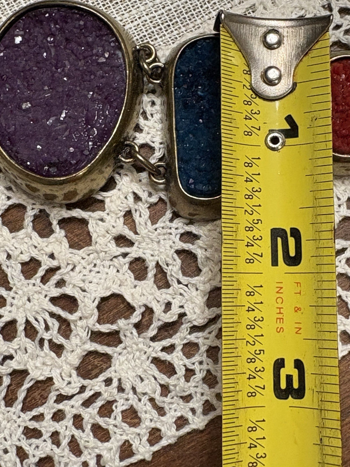 Vintage Handmade 5 Color Geode & Brass Link Chunky Bracelet Toggle Clasp BOHO