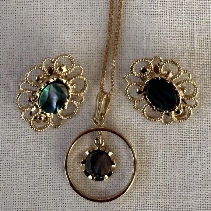 Vintage Ariki New Zealand Paua Shell Abalone Necklace Clip Earrings Set NIB Gift