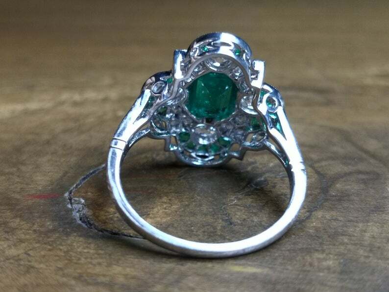 French Art Deco Style Vivid Green Emerald With Shiny White CZ 2.78TCW Fine Ring