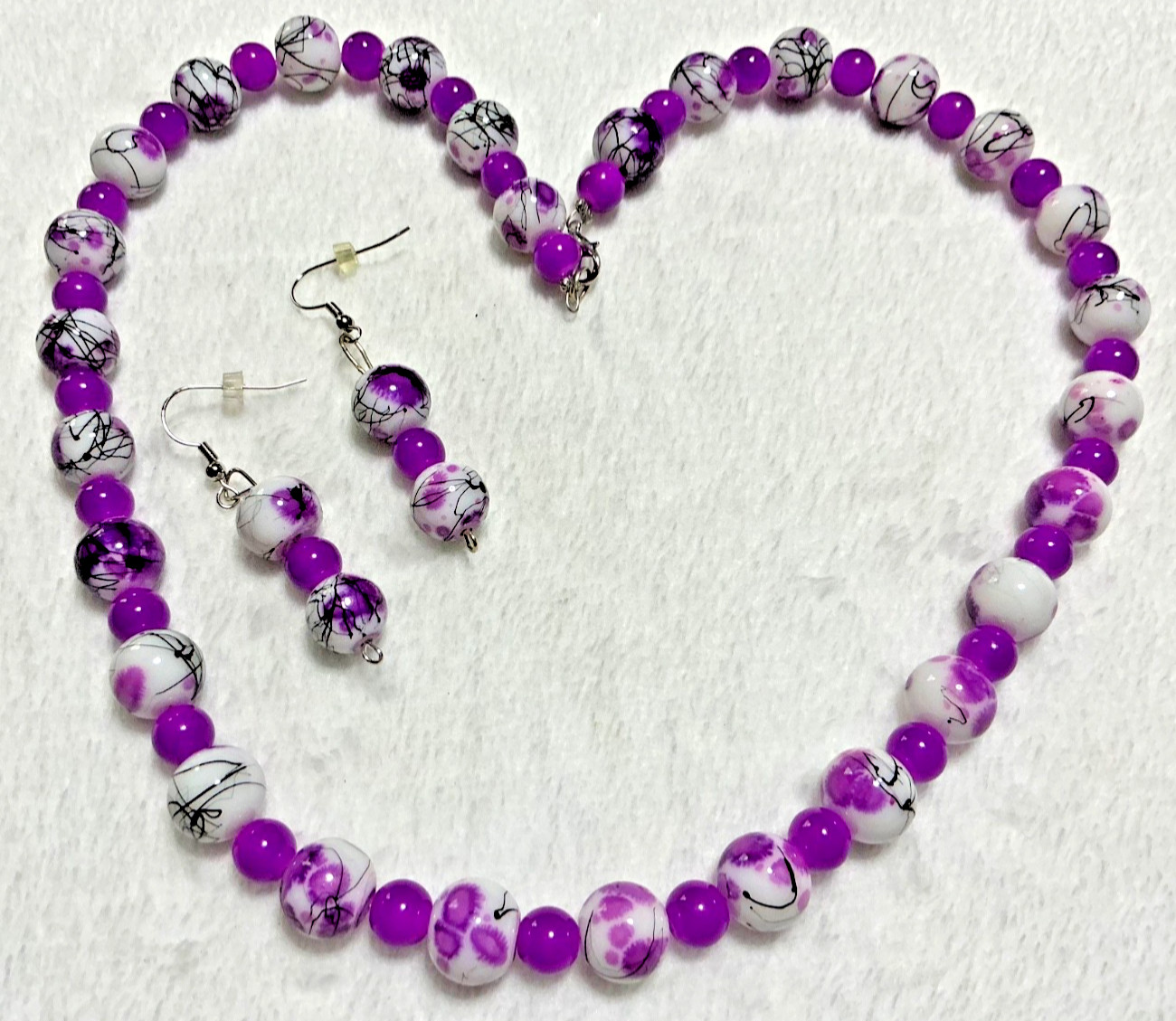 Vintage Violet Purple White Black Splatter Glass Beaded Necklace & Earrings Set