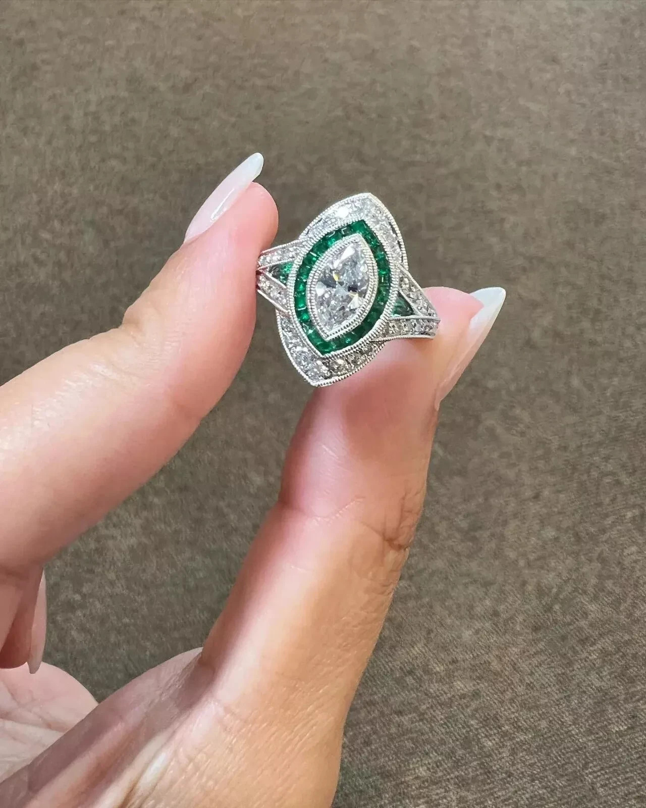 Art Deco Vintage Lab Created Emerald Diamond Engagement & Gift 925 Silver Ring