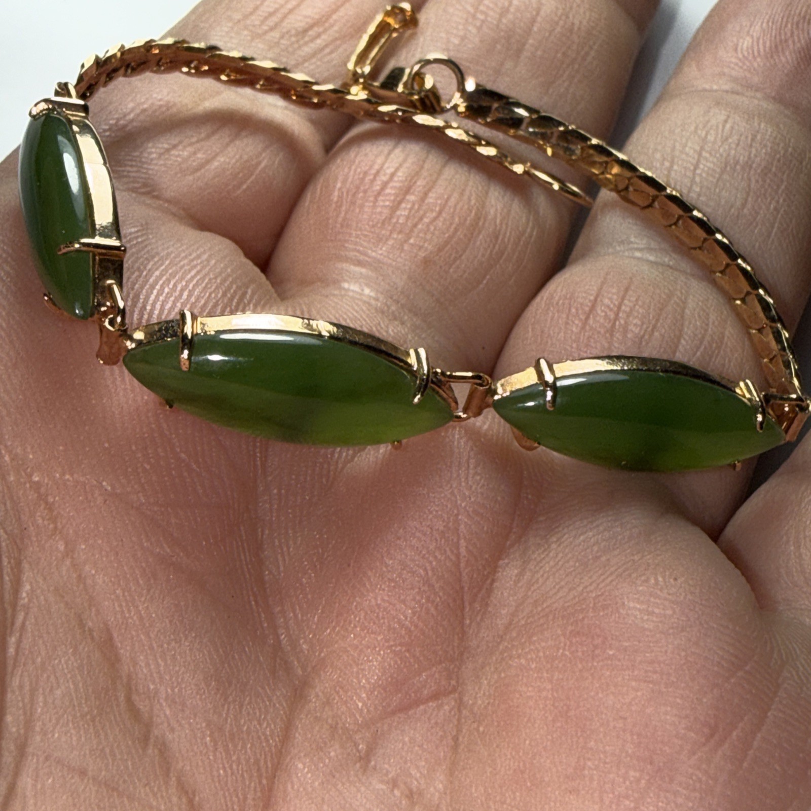 Bracelet Jade Gold Filled Vintage Unused Old Stock Unmarked Big Cabochons 7.25”