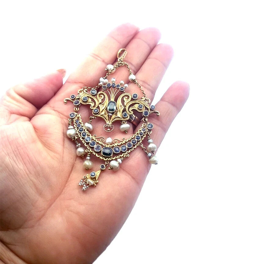 Victorian Gold & Gems Pendant 18k 17k Yellow Large Lavalier Style