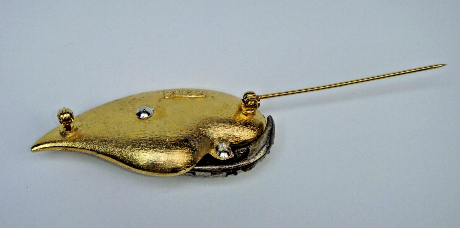 Leaf Pin-Brooch Brushed Yellow Gold-Tone with Crystal Rhinestones Signed B.S.K.