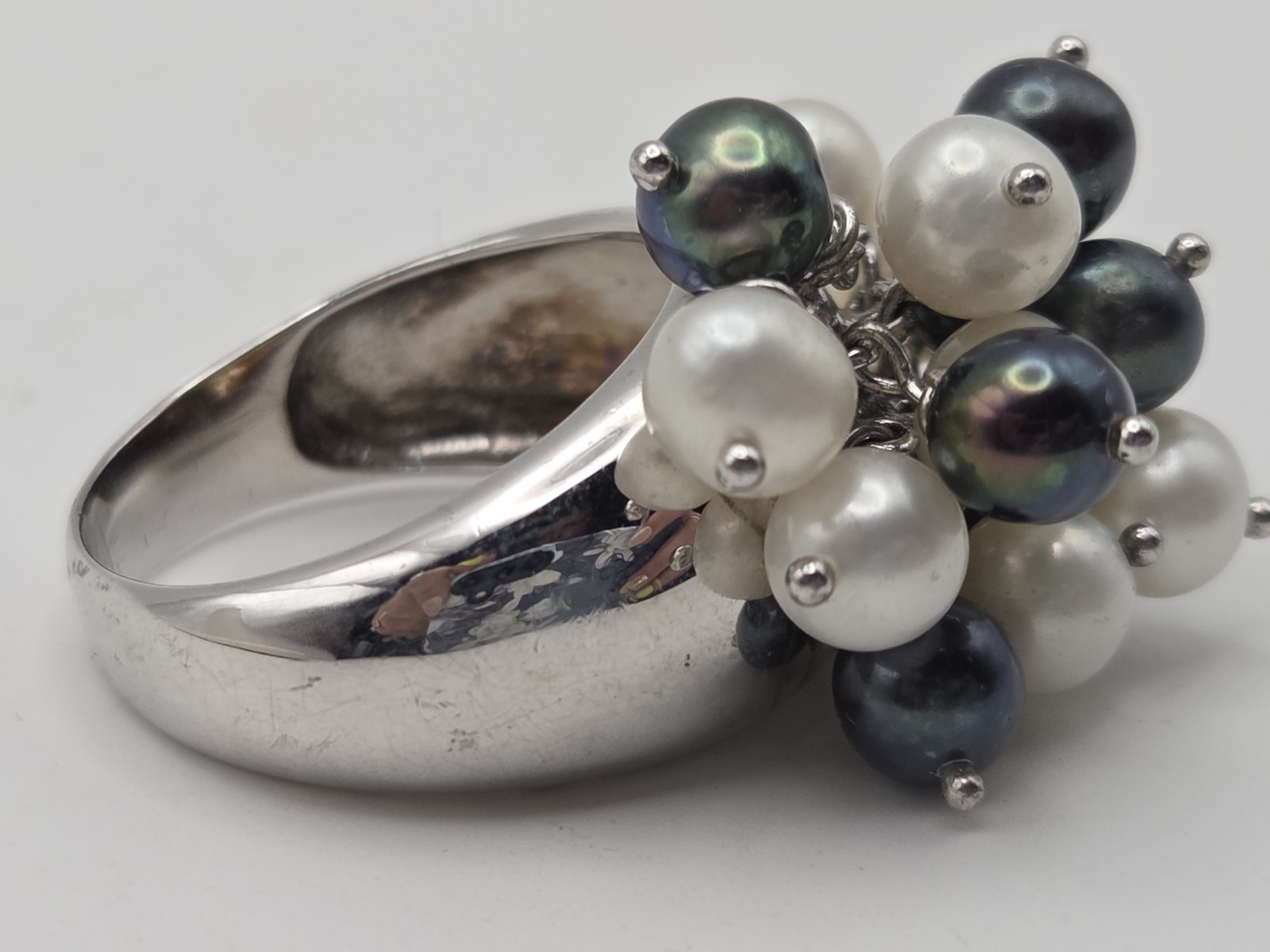 925 Vintage Dangle Pearl Ring White And Gray Sterling Silver Size 8