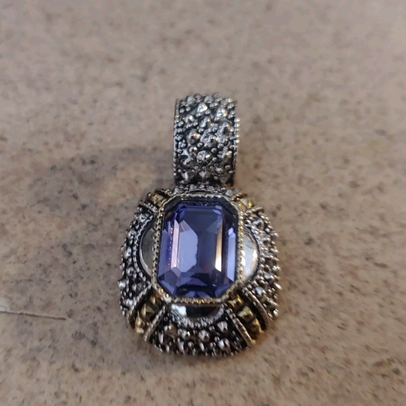 Emerald Cut Purple Glass Stone Pendant Silver tone Gold Accent Pearl Enhancer
