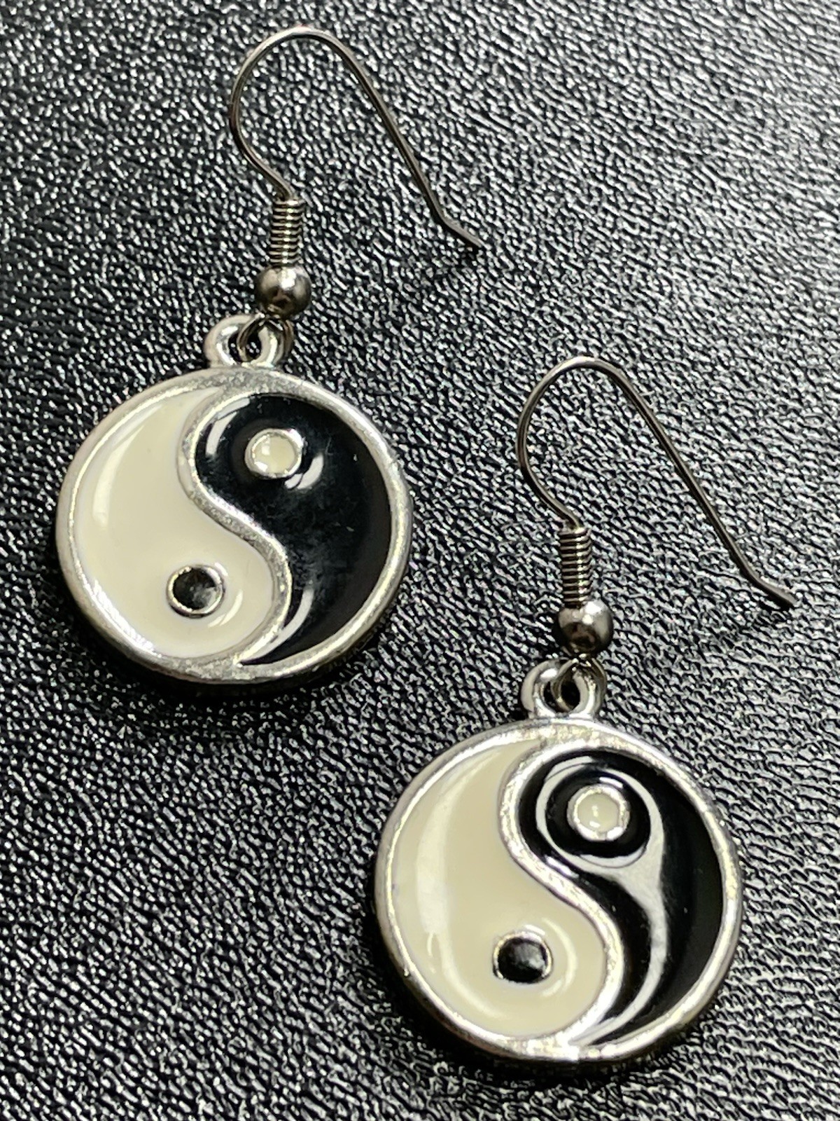 Vintage Yin Yang Silver Tone Dangle Hook Earrings