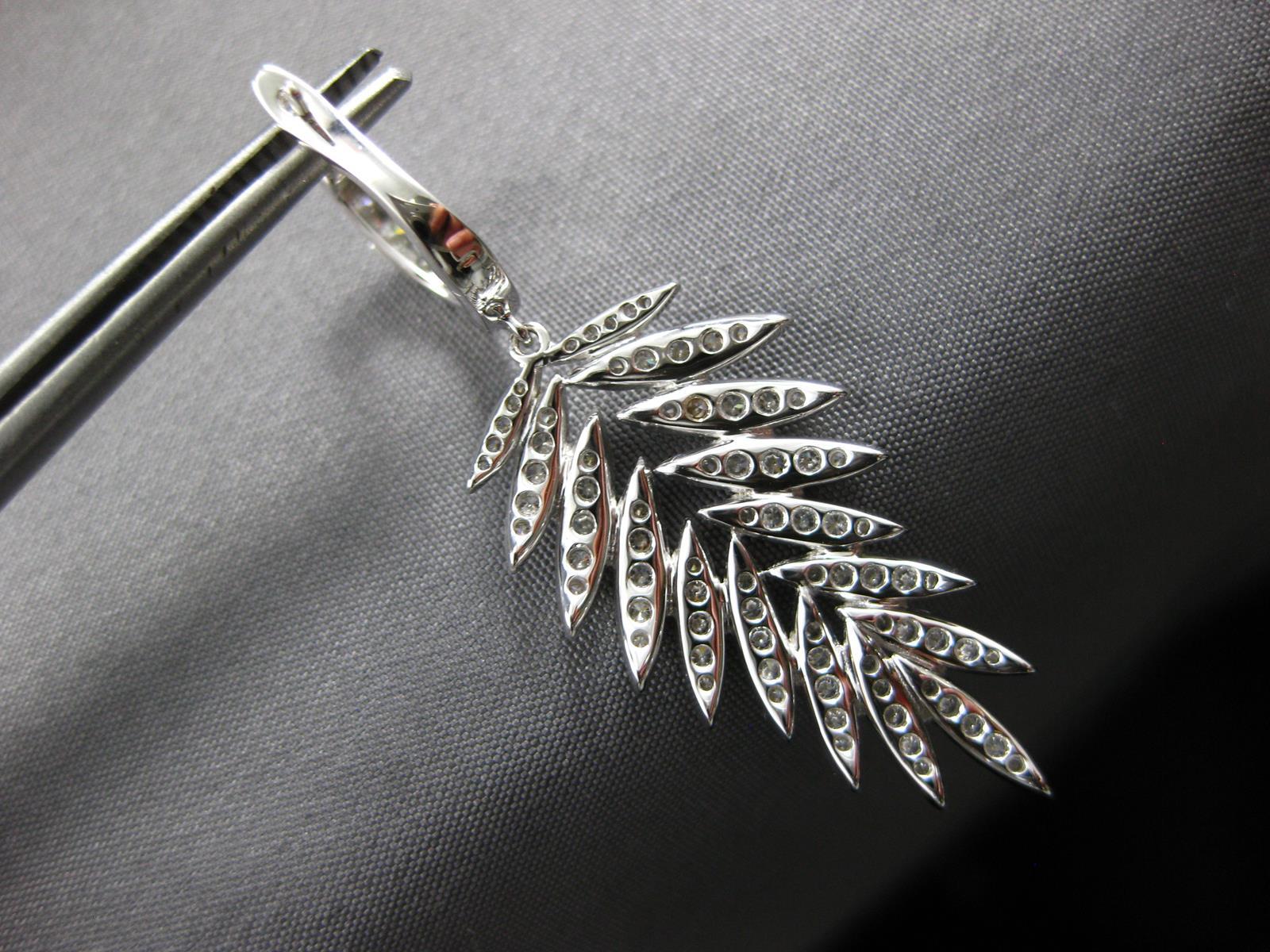 LARGE 1.52CT DIAMOND 18KT WHITE GOLD 3D ROUND MULTI LEAF HUGGIE HANGING EARRINGS