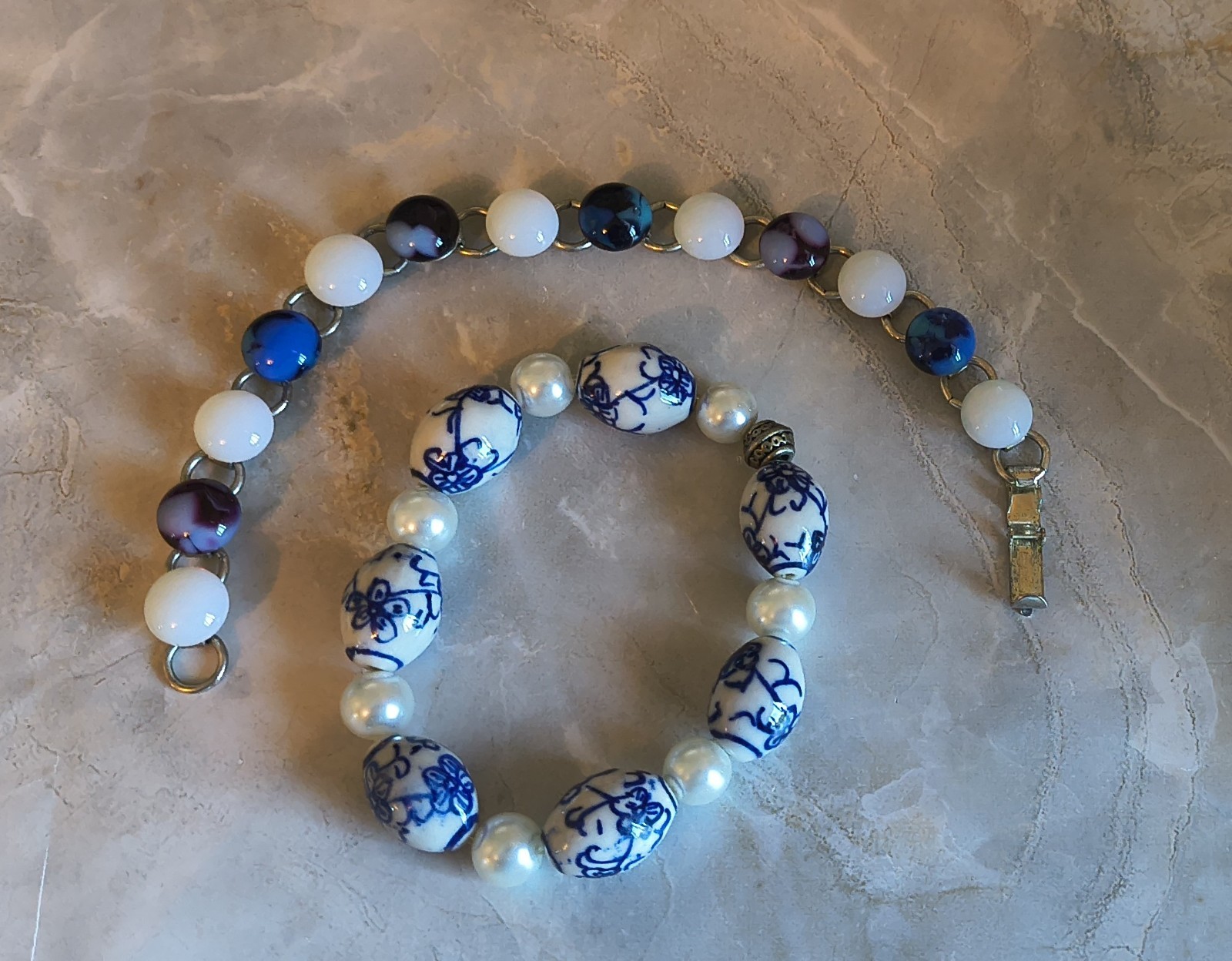 Vintage Blue & White Glass Bead Bracelet Lot