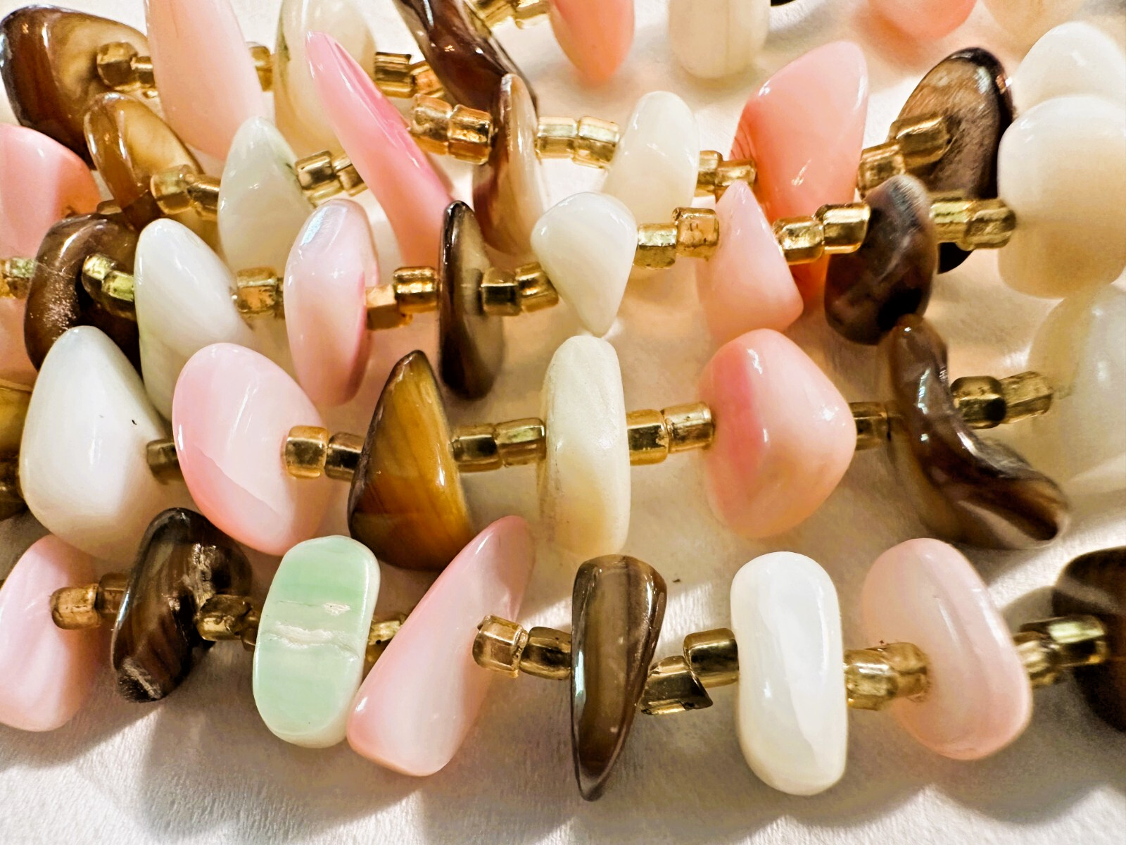 Vintage PUKA Style STONE Necklace 5 STRAND Tiger’s Eye & Pink Rose White Pastels