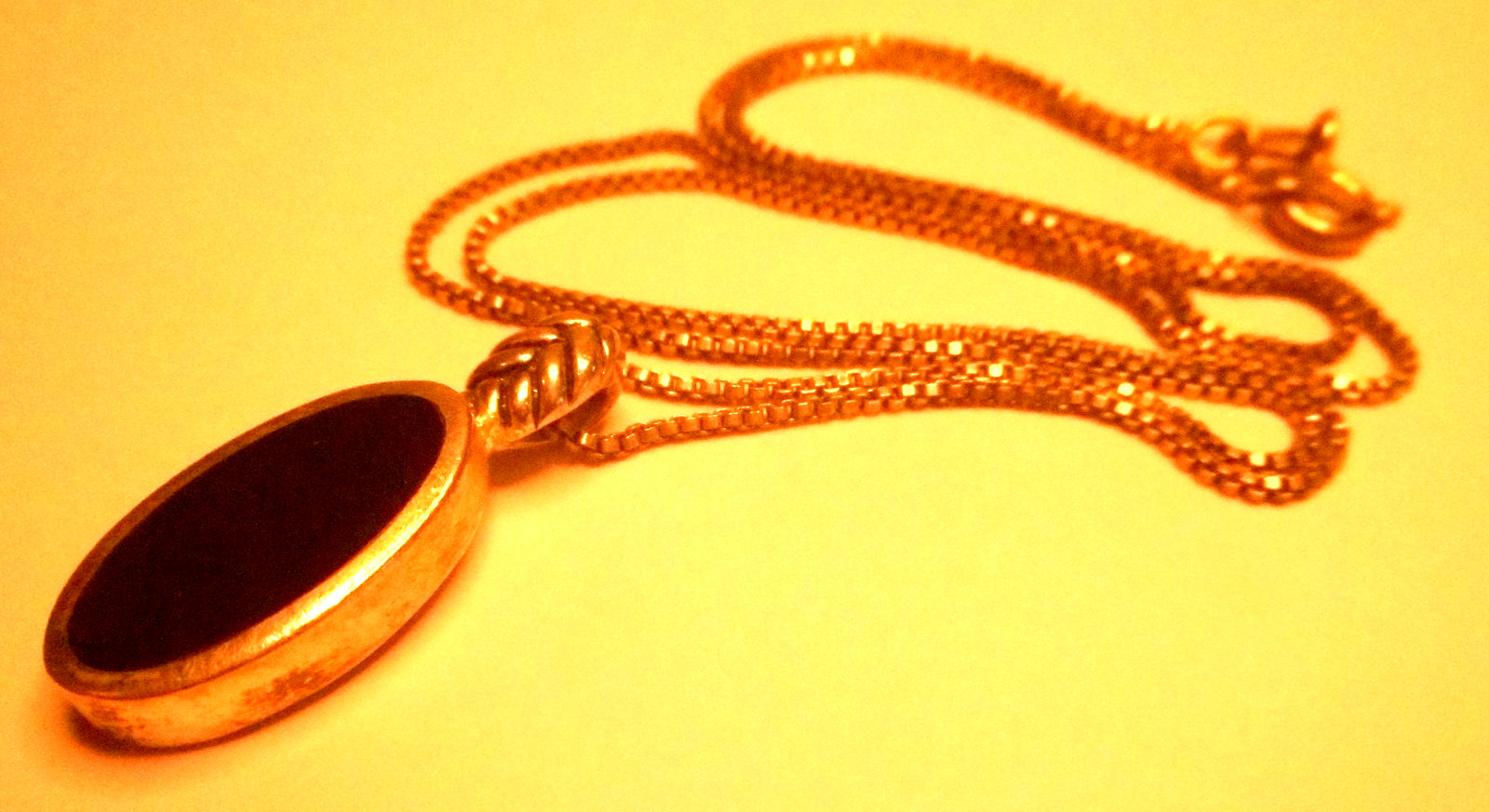 Vtg Sterling Silver Black Onyx Inlay Oval Pendant Chain Necklace 15/17″