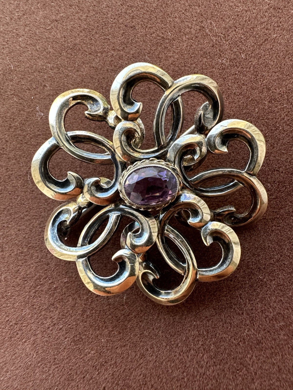 Vintage Victorian Sterling Silver Purple Amethyst Cabochon Gold Plate Brooch