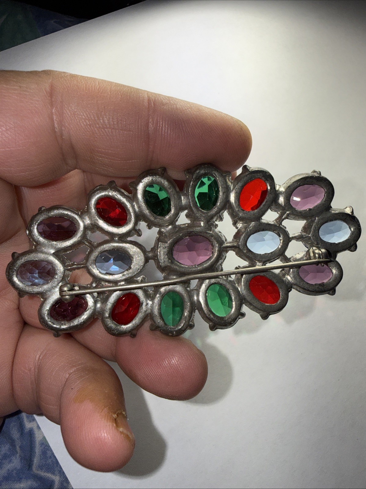 Pin Brooch Czech Art Deco Fruit salad Pot Metal 3.5” Open Back Stones Antique