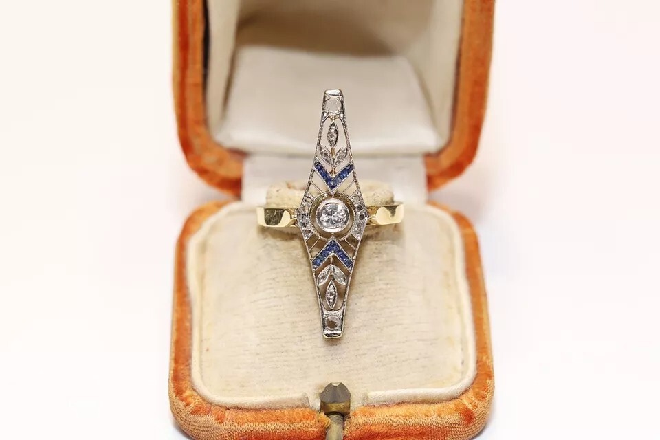 Antique Circa 1920s Art Deco 14k Gold Finish Lab Created Diamond Navette Ring