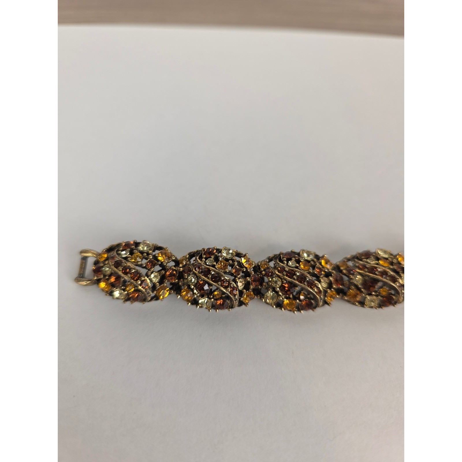 Selini Vintage Gold Tone Multi Amber Rhinestone Filigree Link Bracelet 7.25in