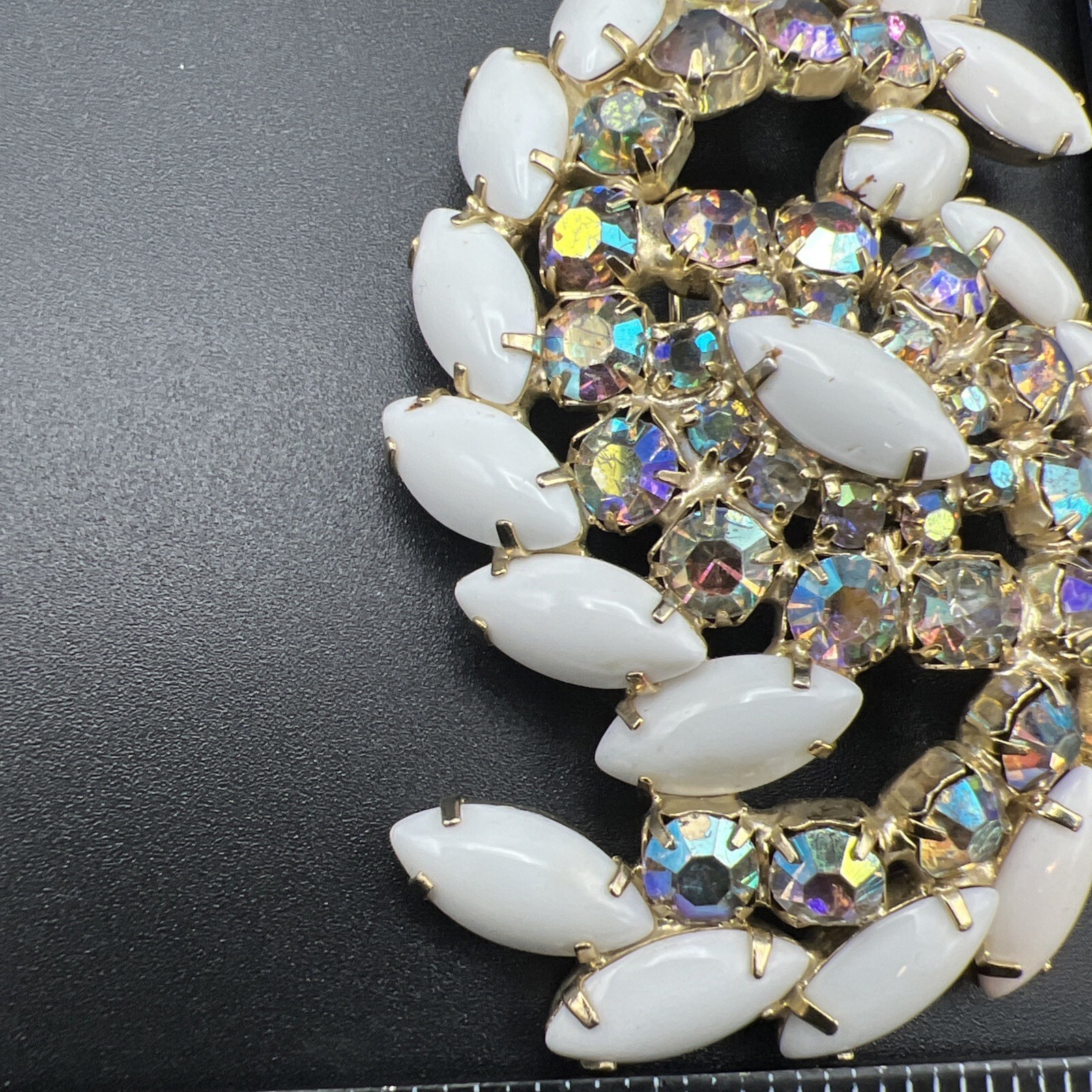 Vintage Aurora Borealis Rhinestone Milk Glass Large Swirl 3″ Brooch Pin