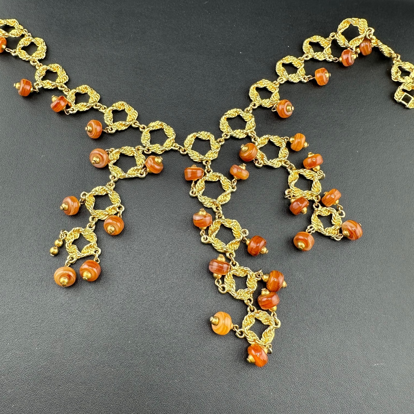 Vintage Statement Necklace Bib Fringe Hammered Gold Tone Link Agate Bead Dangles