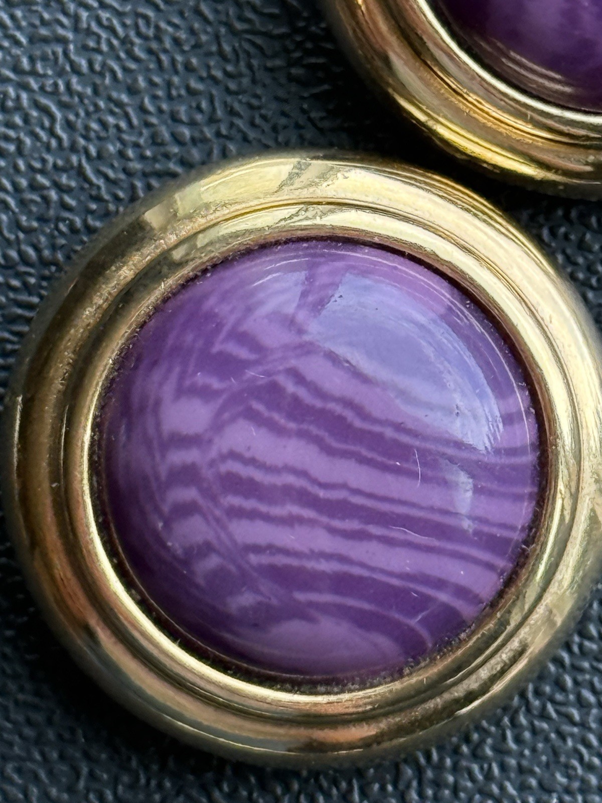 Vintage Designer Gay Boyer Earrings Purple Dome Gold Tone Large Clip On A