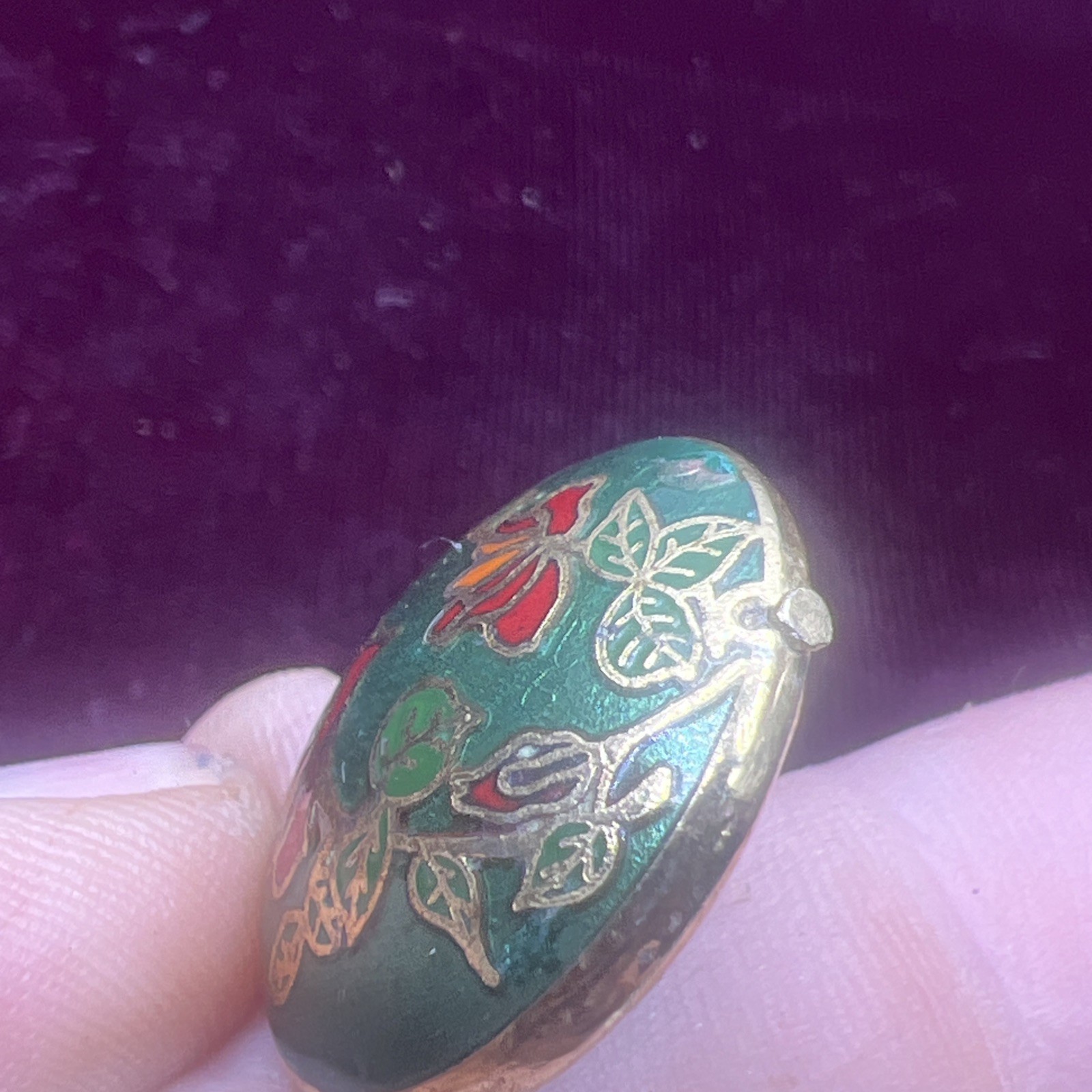 Vintage Double Sided Cloisonné Green Enamel Round Pendant Pink. and Blue Flowers
