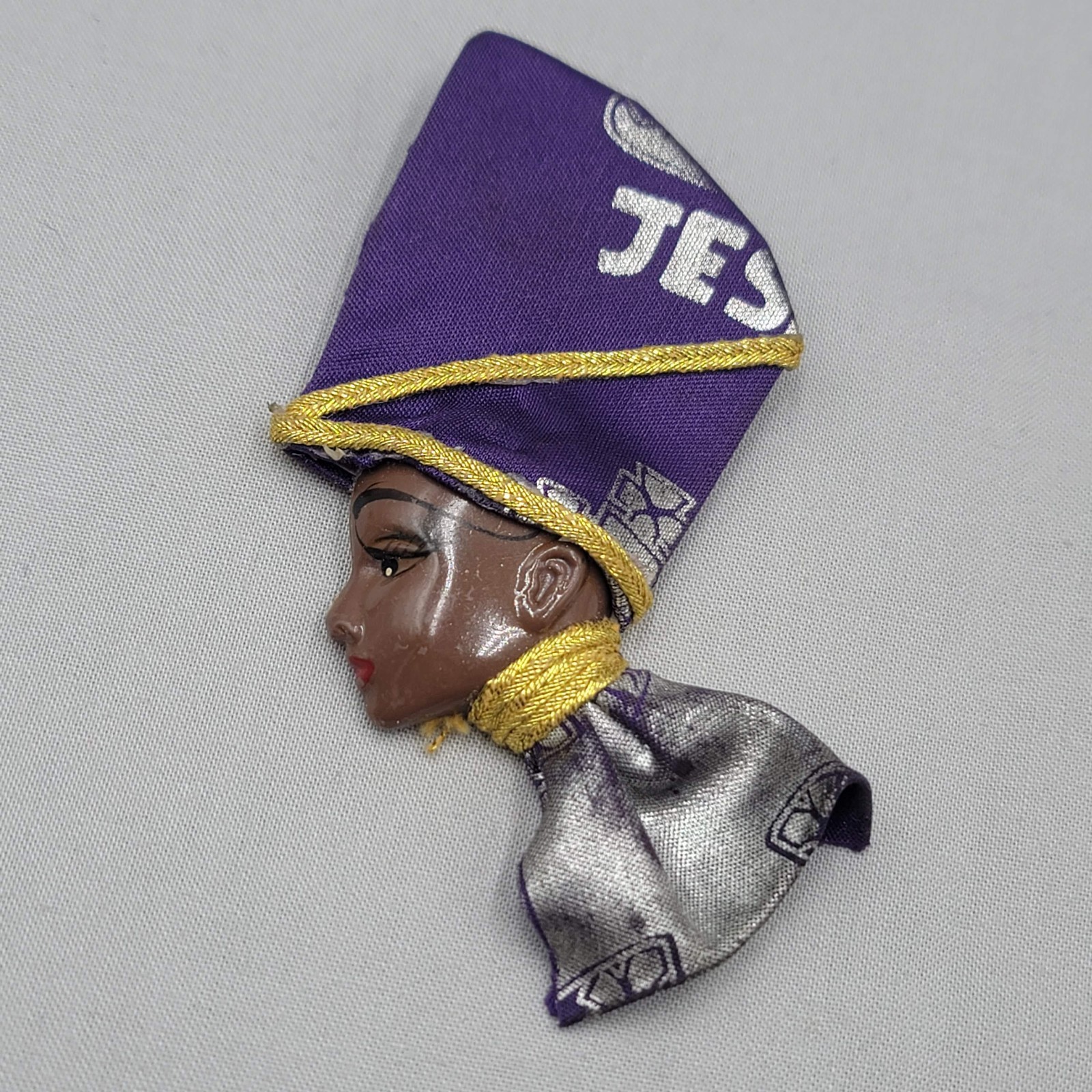 Vintage African Queen Brooch Purple Fabric Hat Dress 4 in