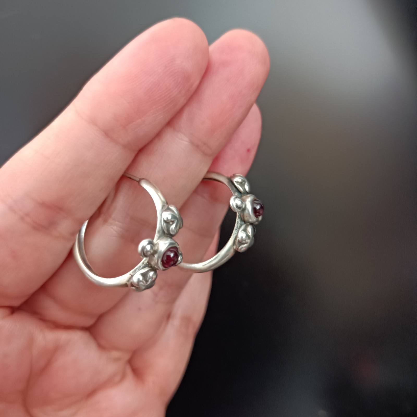 Vintage Silver Hoop Earrings Garnet Cabochon Boho Handmade Sculptural Artisan