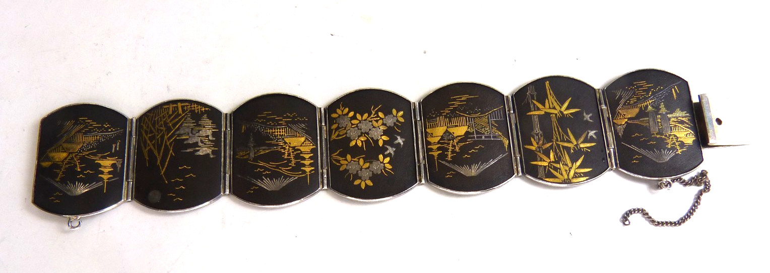 Large Antique Japanese Sterling Silver Bracelet W Mixed Metal Damascene Designs