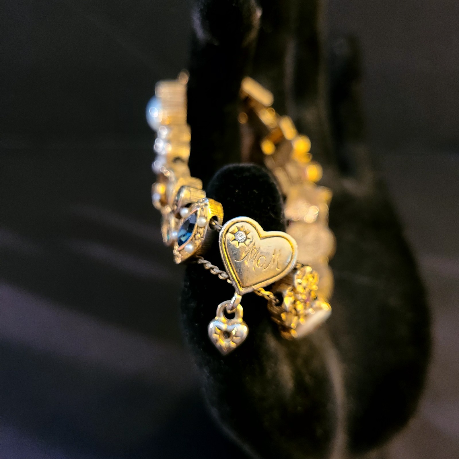 Vintage Victorian Gold Tone Slide Bracelet (14) Charms Mom Cameo Butterfly Heart