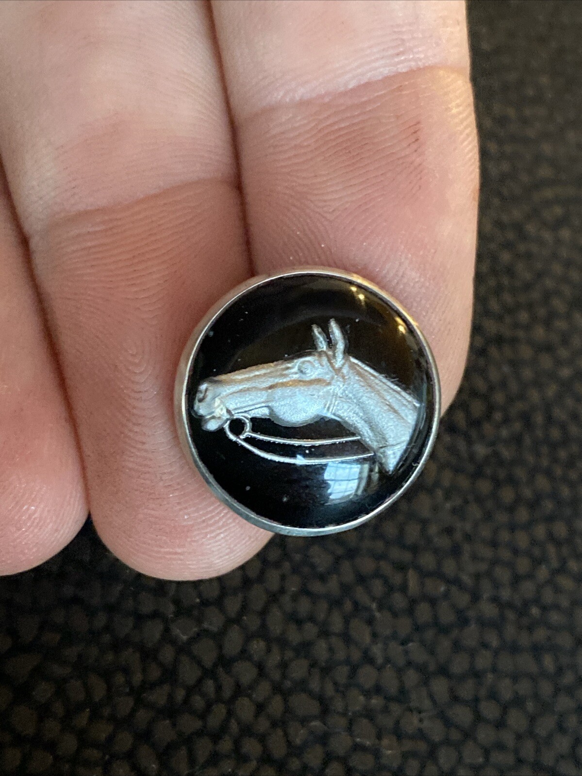 Antique Bubble Goofus Glass Reverse Painted Carved Intaglio Horse Equestrian Pin