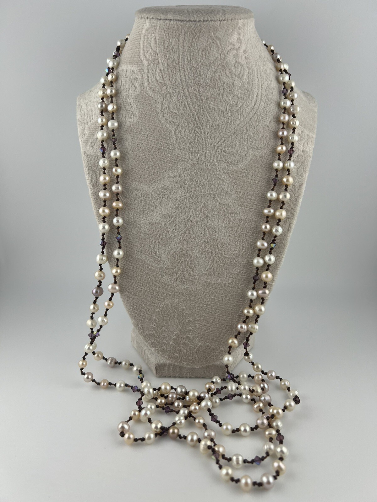 VINTAGE Set of 2 Baroque Pearl Knotted Brown Leather Necklace 20” A53