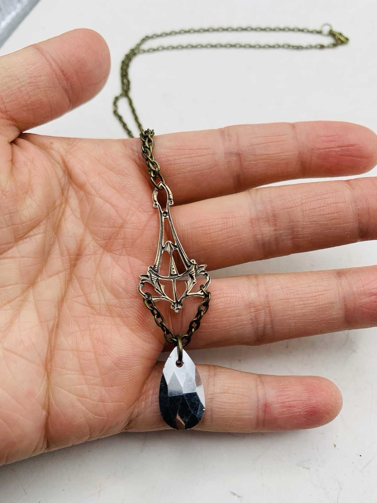 Vintage Style Art Nouveau Bronze Tone Mermaid Blue Teardrop Drop-down Necklace
