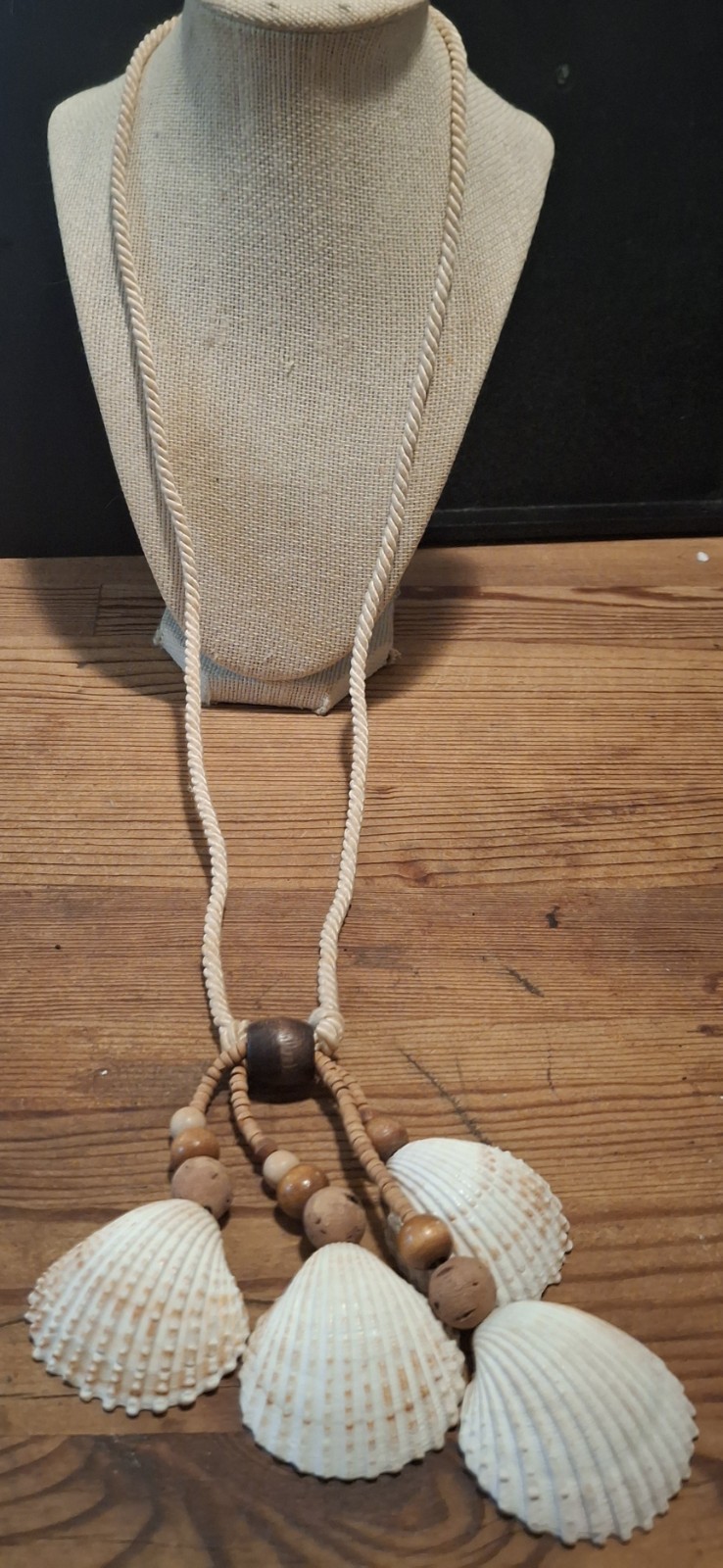 Vintage Boho Shell Necklace Wood Cork Bead Coastal Beach Statement 32”
