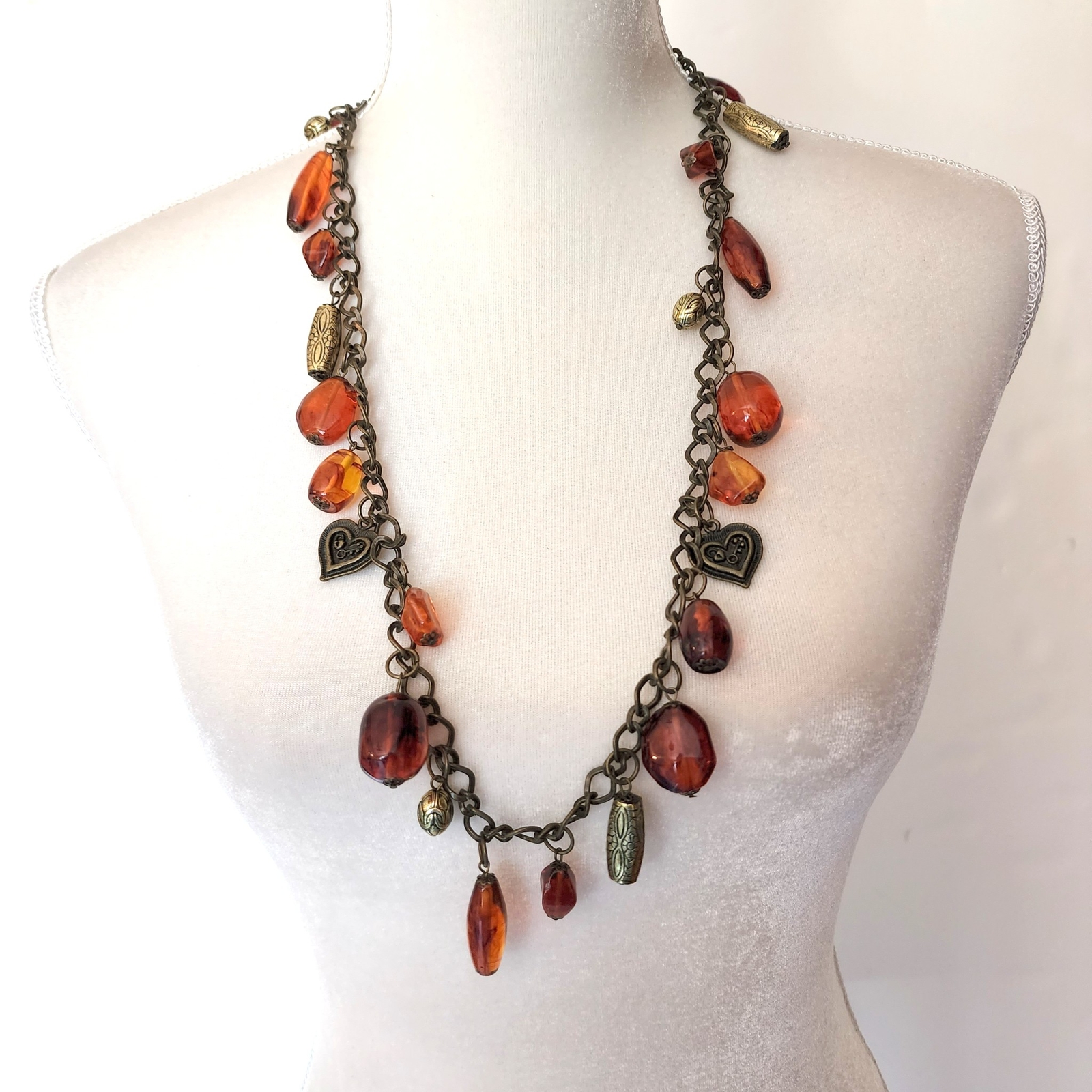 Vintage Necklace Amber Color Beaded Heart Drops Extra Long Different Shapes Vale