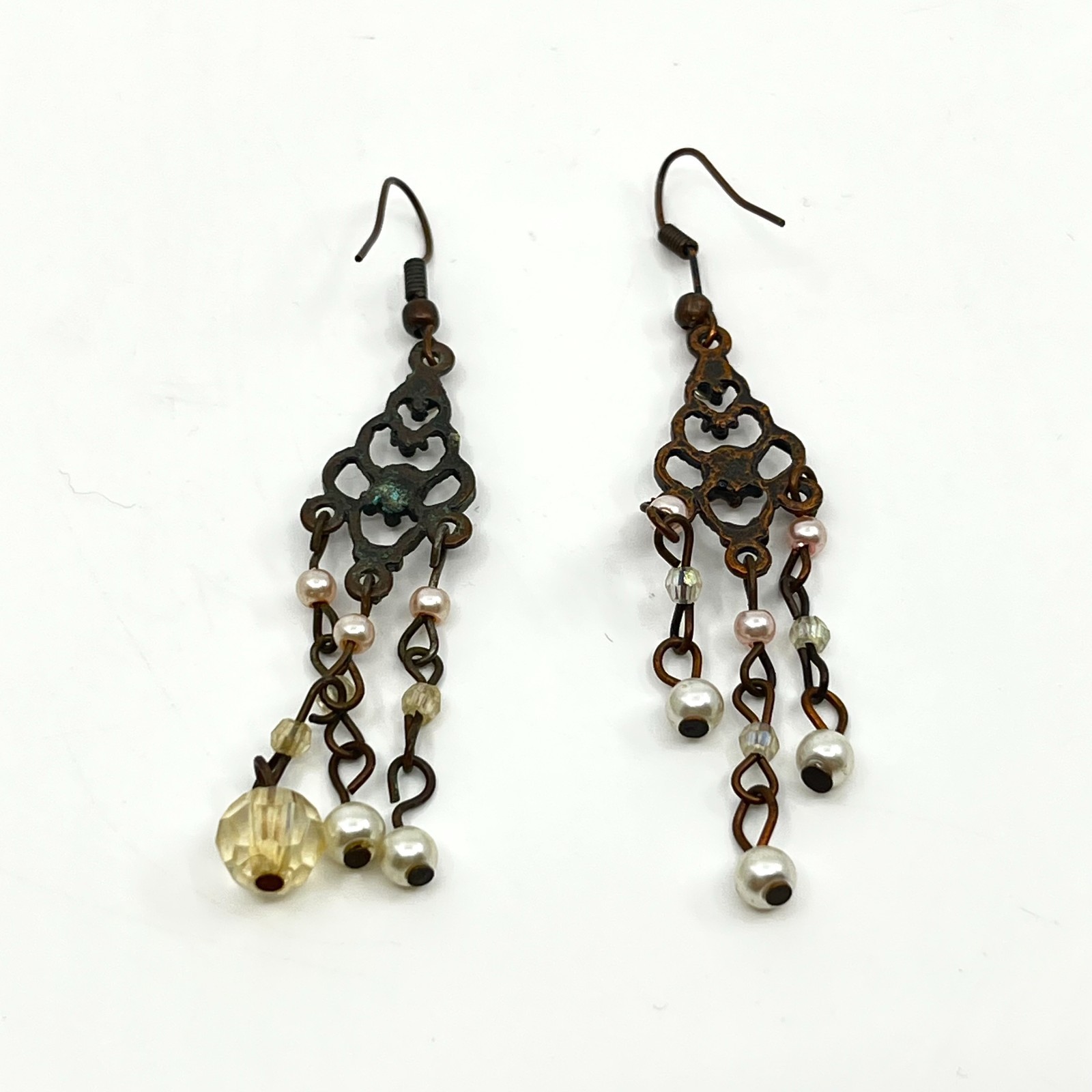 Vintage Antique Bronze Tone Chandelier Earrings Faux Pearl Rhinestone Dangle Y2K