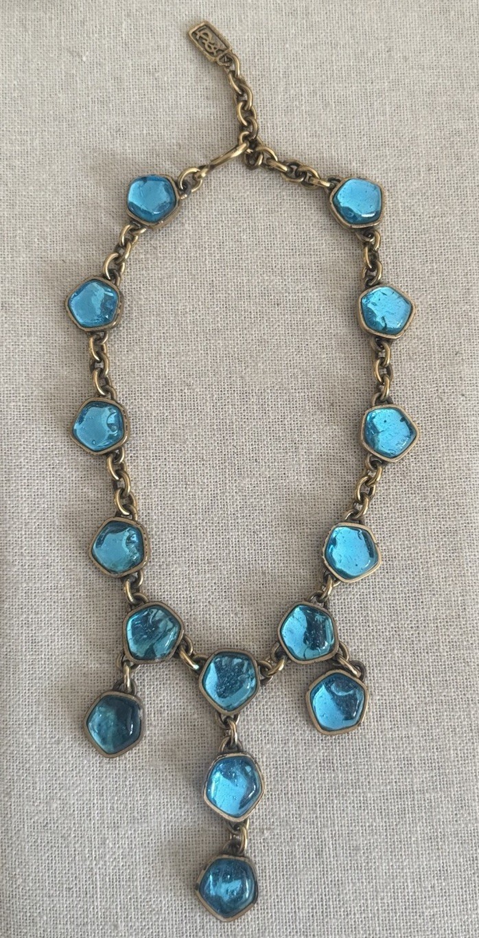 Vintage YSL Yves Saint Lauren Turquoise Blue Cabochon Chain Dangle Necklace 16”