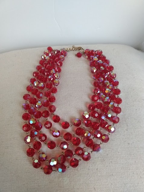 VTG Four Strand Red AB Faceted Glass Beaded Necklace