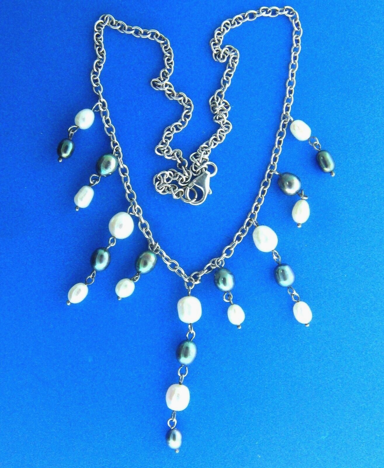 Gray And White Baroque Pearl Fringe Necklace 16 Inch 925 Silver