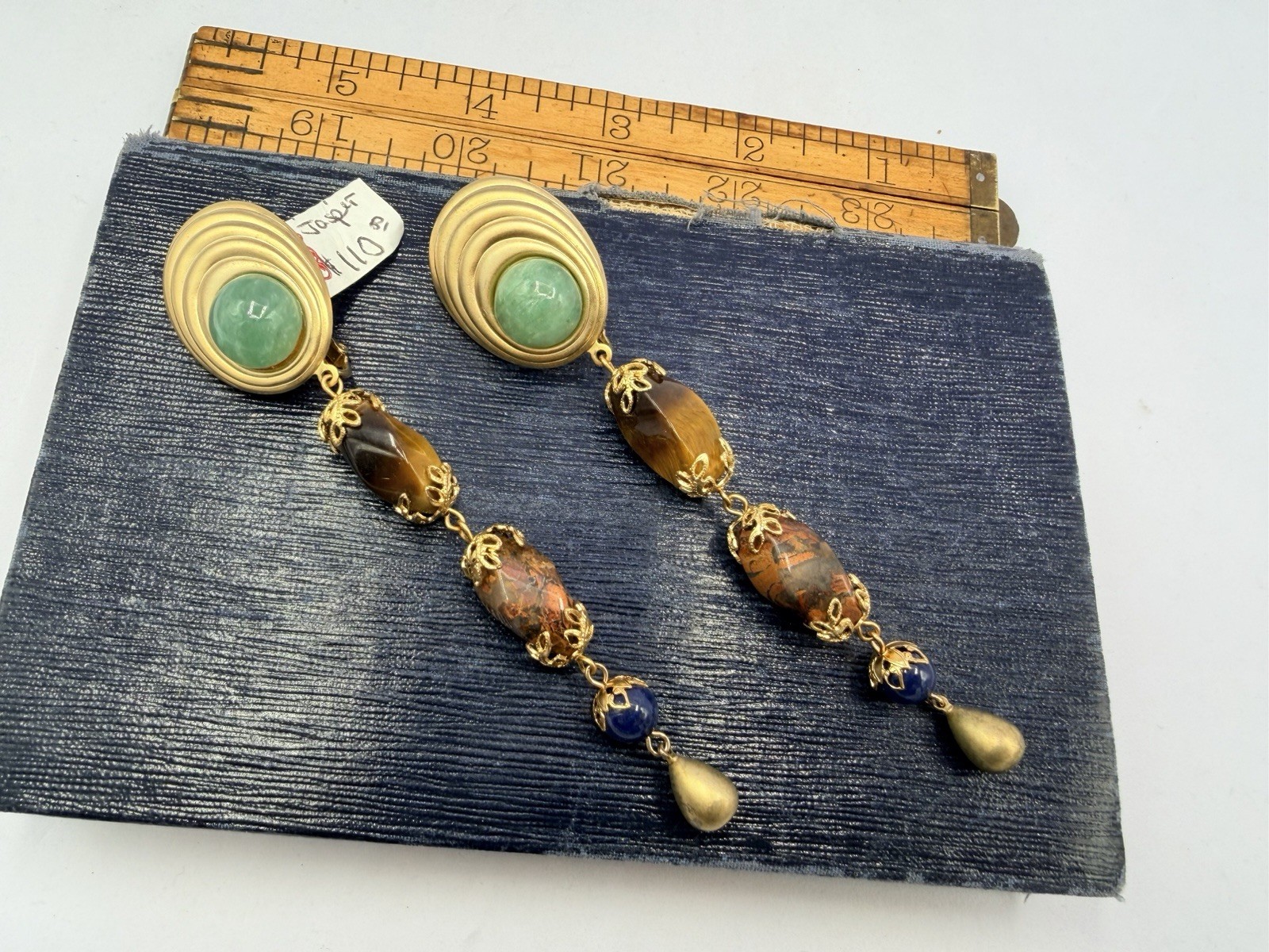 Vintage Gold Green Red Brown Long Gemstone Bead Dangle Earrings RO-DO NOS PY