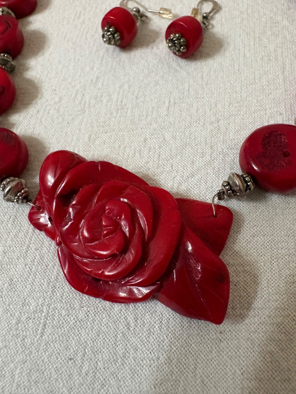 Vintage Natural Red Coral Hand-Carved Rose Necklace/Earrings Set w/Bead Chain