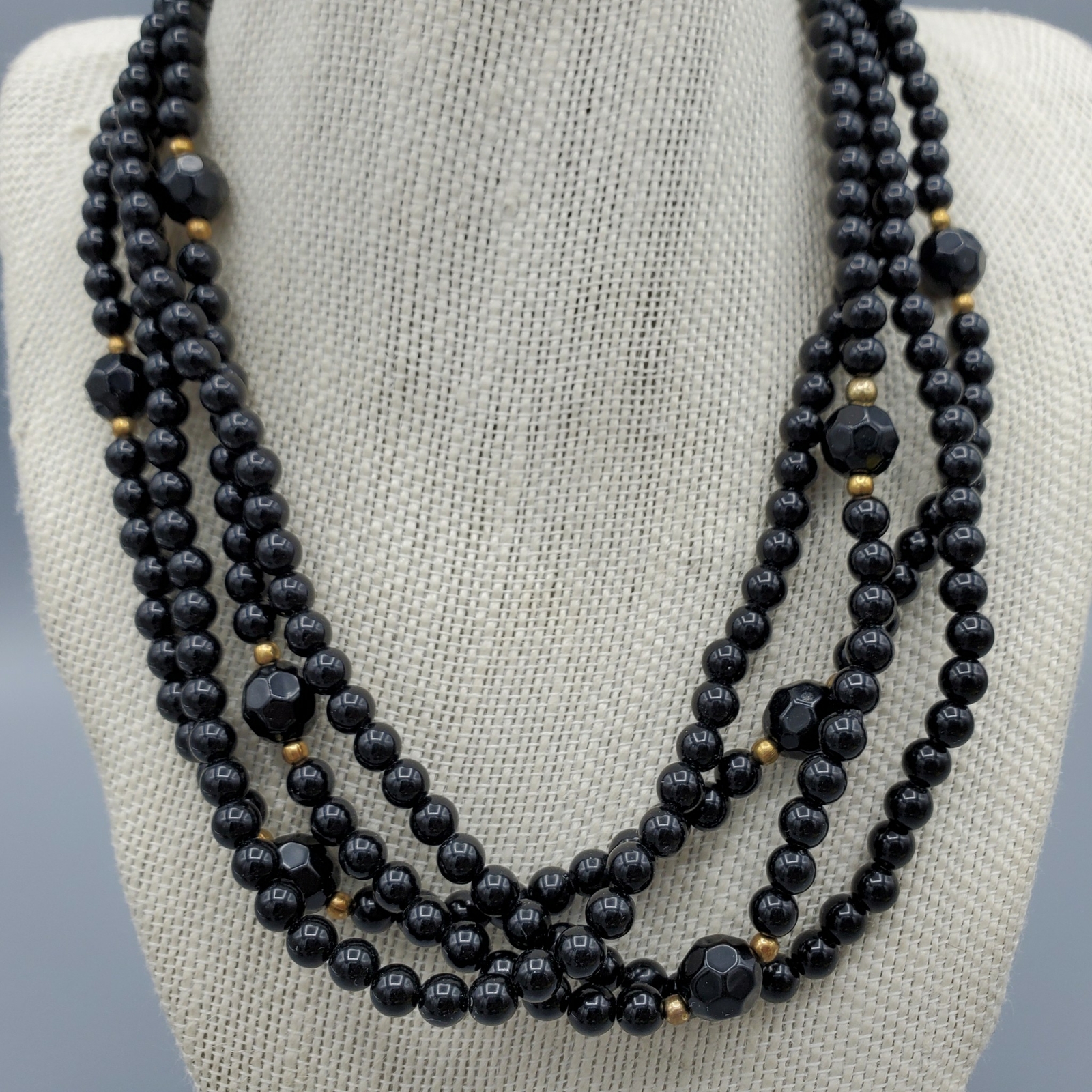 Vintage Black Lucite and Gold Tone Bead Multi Strand Layered Necklace 16″