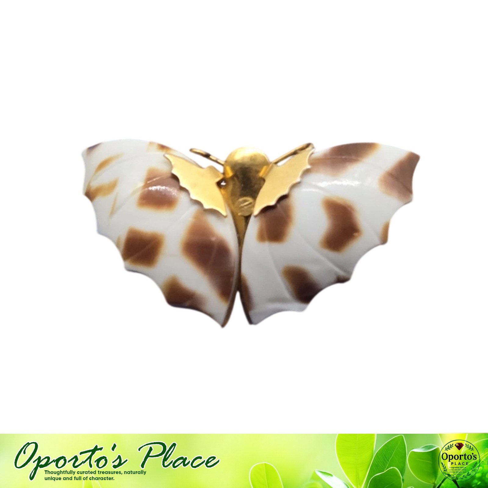 Vintage Mini Shell Butterfly Bohemian Brooch Pin Gold Tone Metal Brown White