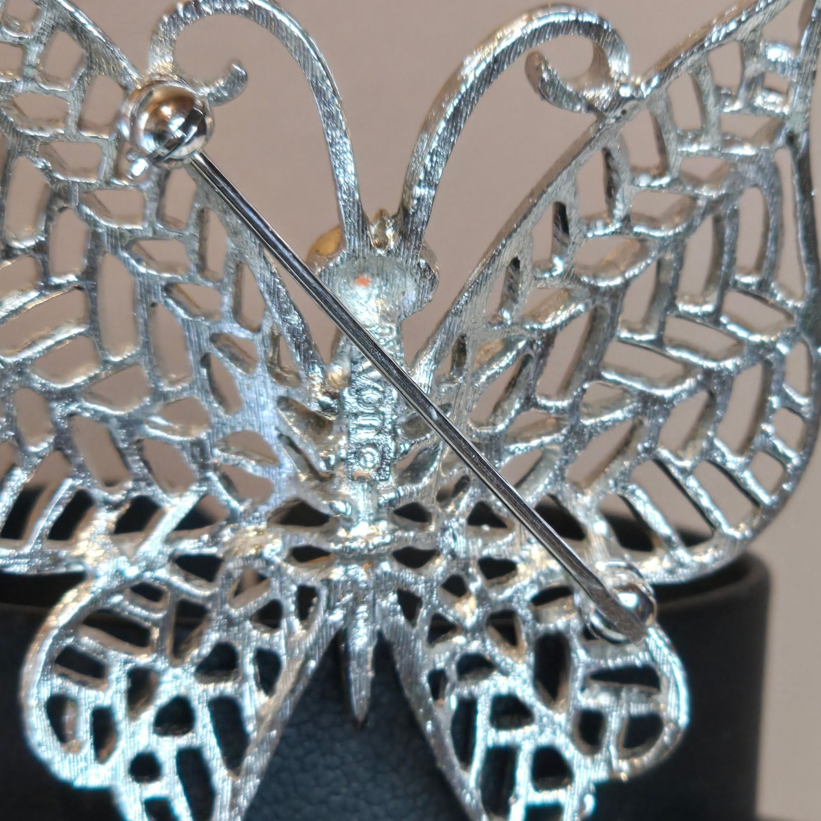 Vintage Avon Butterfly Brooch Silver Gold Tone Filigree Blue crystal Rhinestones