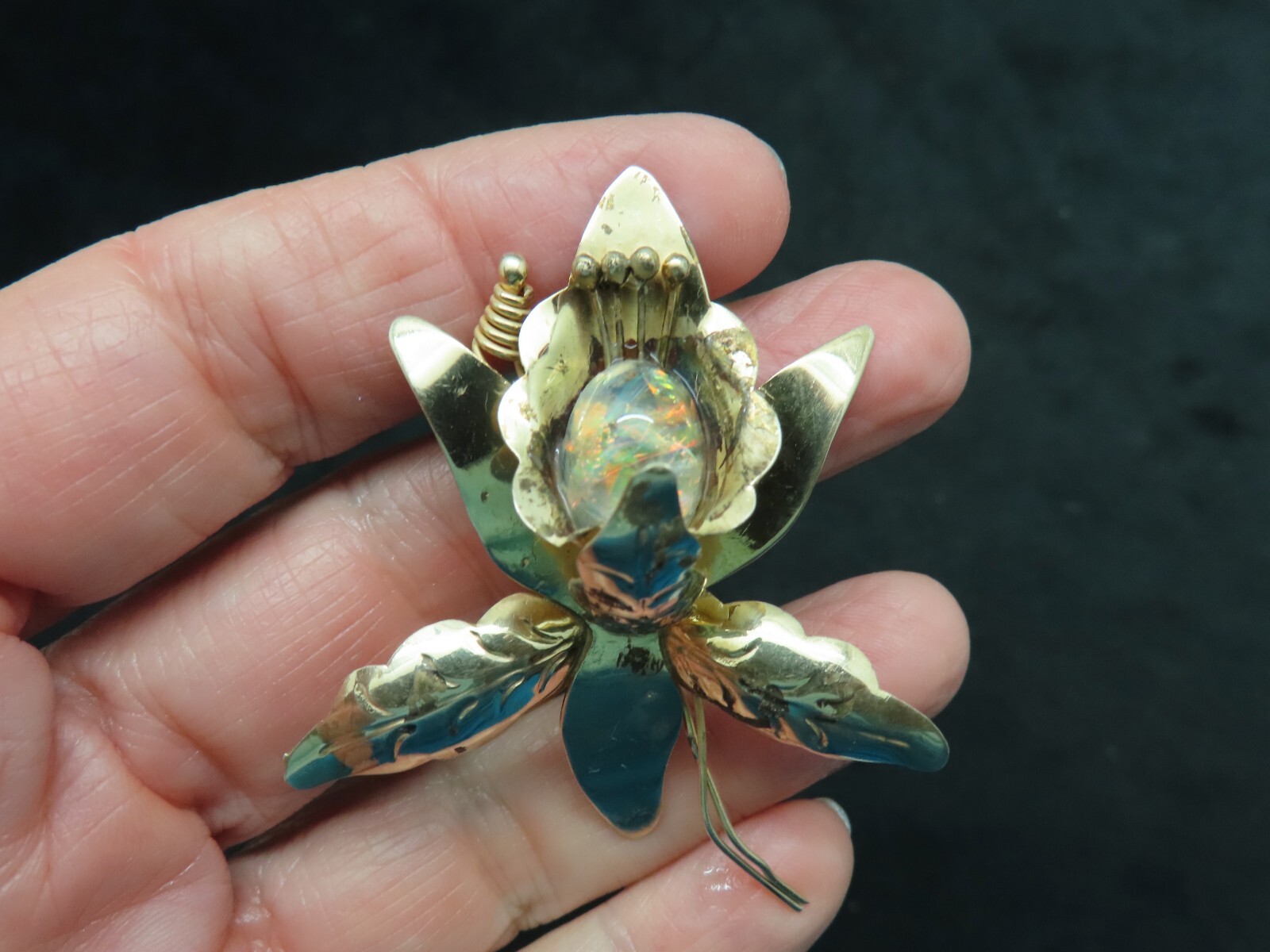 Vtg-Sterling Silver w/Gold Wash 1940’s Orchid Brooch w/Fire Agate TAXCO