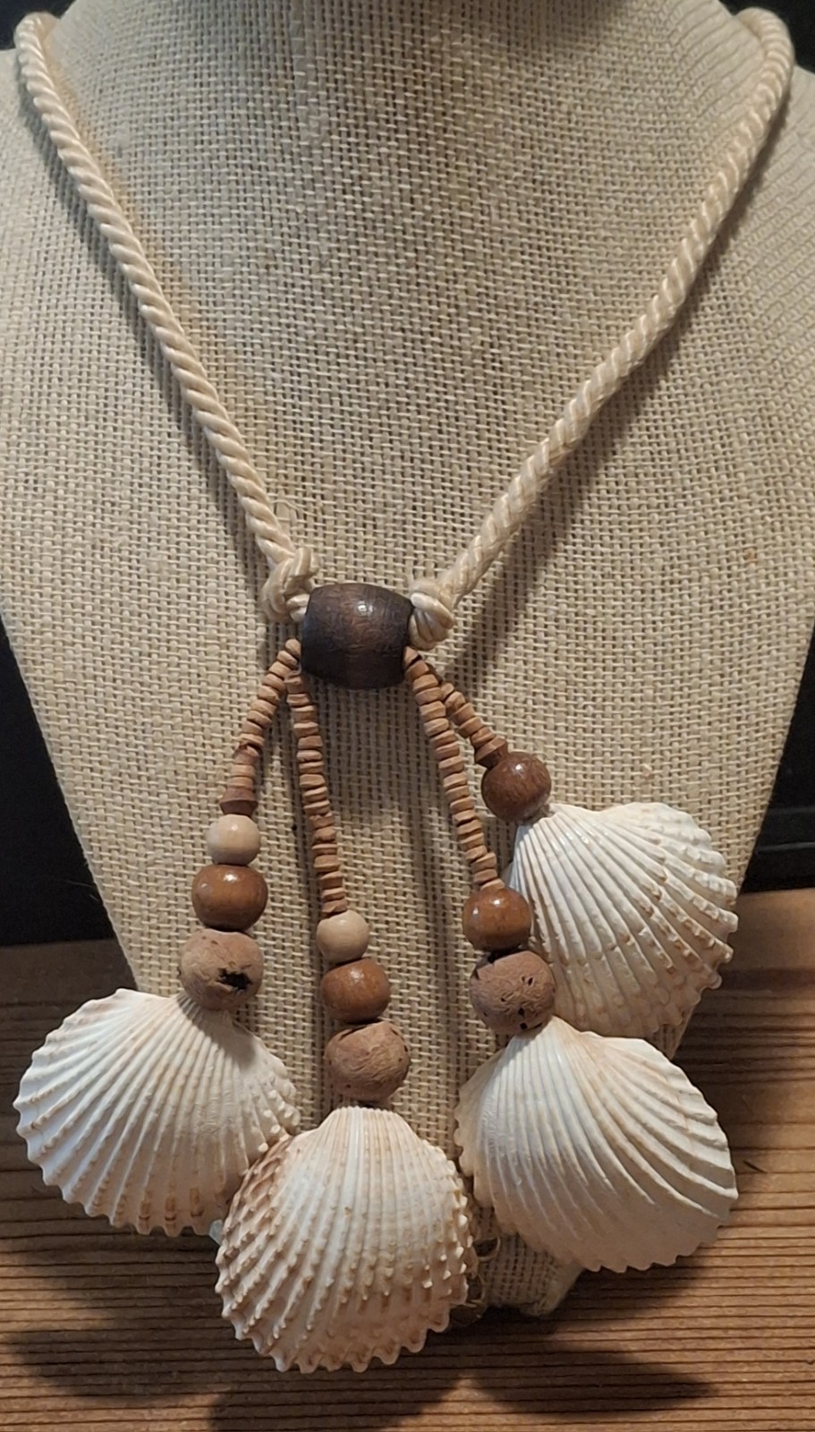 Vintage Boho Shell Necklace Wood Cork Bead Coastal Beach Statement 32”