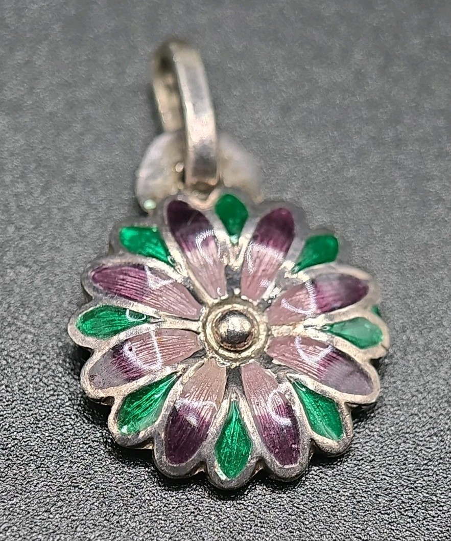 ​Vtg Mexico 980 Silver Enamel Flower Pendant Purple Green Daisy Taxco…